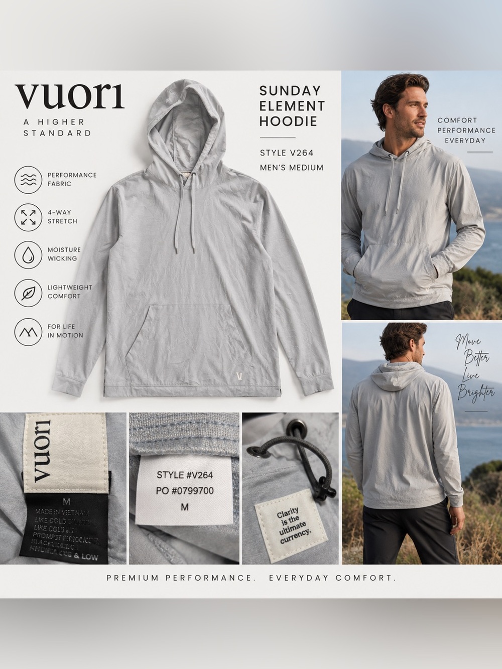Vuori Sunday Element Hoodie Men’s Medium Gray V264 Performance Pullover
